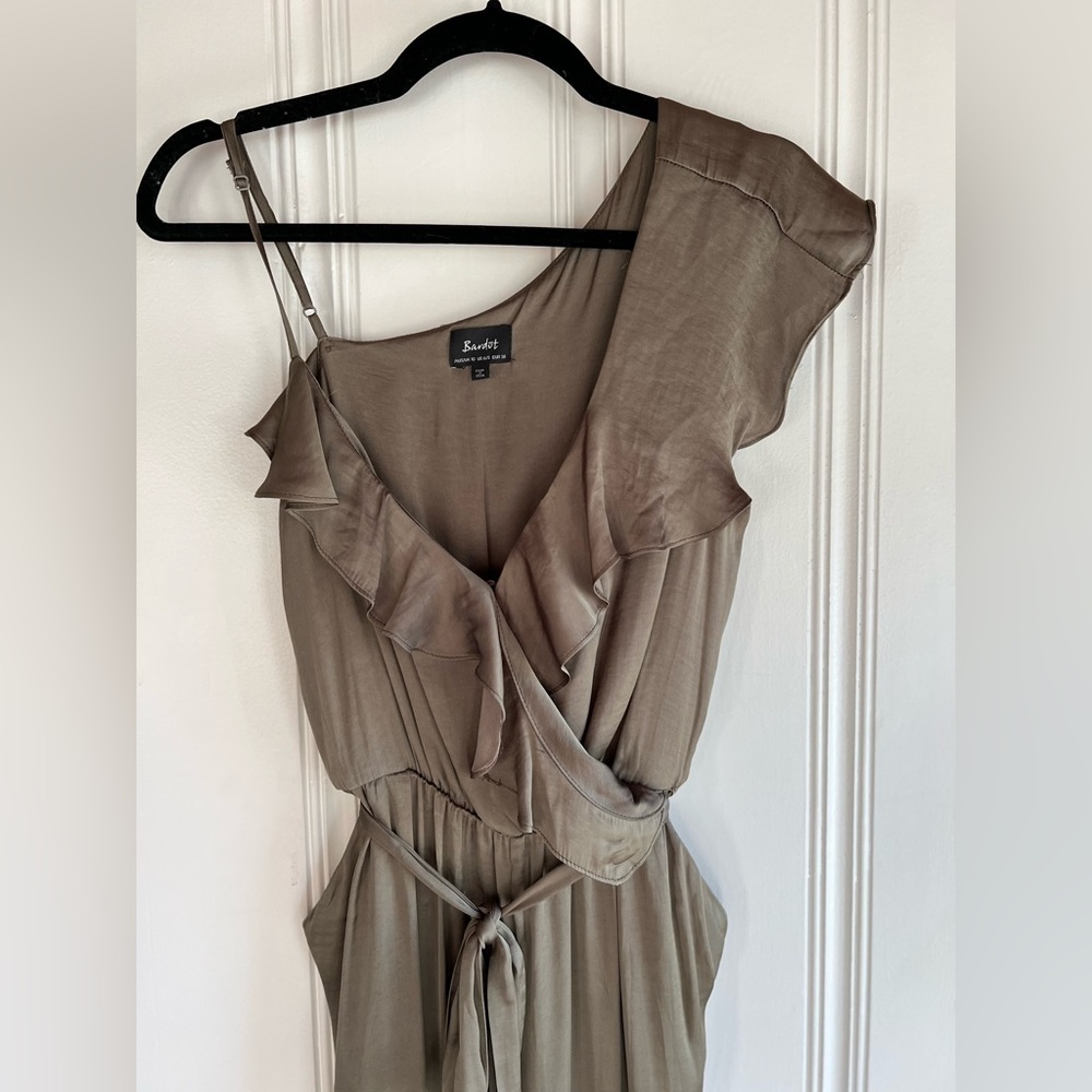 Gorgeous Silk One-Shoulder Belted Satin Wide Leg V-Neck Jumpsuit- Olive